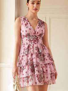 BELROSIE French Retro Elegant V-Neck Sleeveless Ruched Waist Multilayer Ruffled Contrast Color Floral Print Chiffon Mini Dress For Women - Dusty Pink - View 5