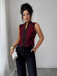 SHEIN Elenzya Áo không tay cổ chữ V dành cho nữ, họa tiết hoa in chìm. - Nhiều màu - Xem 4