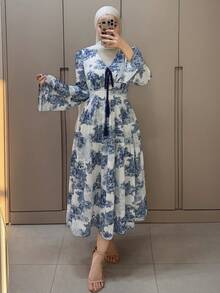 DAZY 女士优雅碎花系腰流苏喇叭袖中长连衣裙，春夏款，婚礼宾客礼服，女士连衣裙，波西米亚风吊带裙 - 藍色 - 查看 4