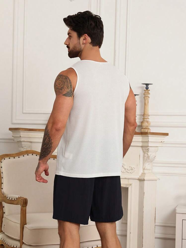 Men's Solid White Tank Top And Shorts Pajama Set, Summer