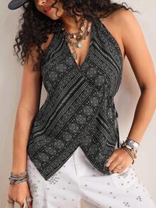 Freevana Plus Size Summer Asymmetric Hem Paisley Print Halter Neck Camisole Bohemian Festival Western Style Street Style Vacation Summer Strappy Top Black Top - Black - View 1