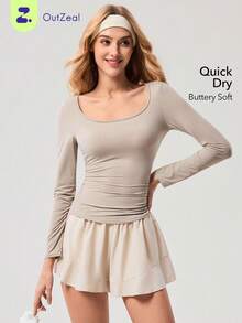 OutZeal Women Sports Tee Daily Casual Quick Drying Stretch Long Sleeve Square Collar Slim Tops - Apricot - View 1