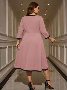 EMERY ROSE Robe ample à manches longues, col rond, style blocs de couleurs, pour femmes grandes tailles. Convient pour les sorties et les fêtes - Rose bonbon - Voir 3