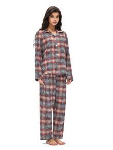 女士格子长袖上衣和裤子睡衣套装 - 彩色 - 查看 5