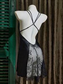 SHEIN Satin Sexy Lace Backless Slip Dress For Women - Black - View 7