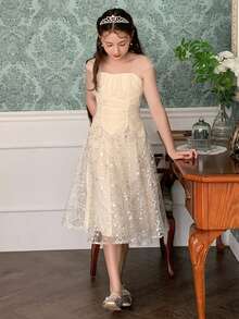 DAZY 少女网纱拼接连衣裙，秋季款 - 杏色 - 查看 3