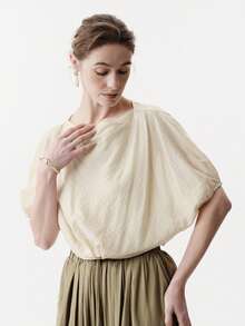 Aalyst 女士春夏休闲衬衫，优雅浪漫宽松褶皱面料船领褶皱设计短袖衬衫，浅黄色/淡桃色 - 杏色 - 查看 6