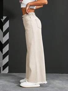 SHEIN Tall Women's Pocketed Wide Leg Loose Casual Distressed Jeans - Beige - View 4