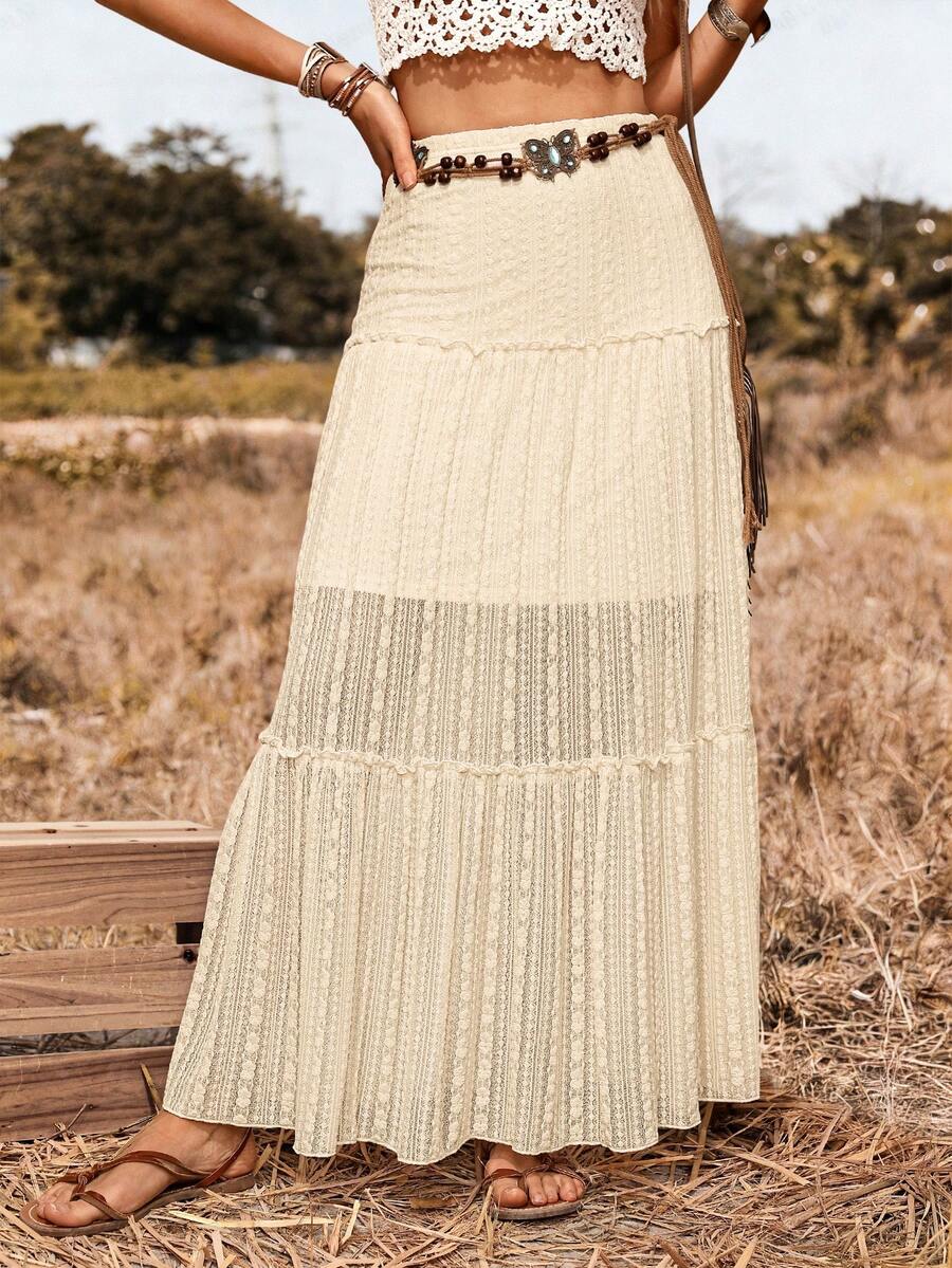 SHEIN LilyWest 2026春夏新款女士优雅性感百搭蕾丝荷叶边衬里半身裙，适合派对、休闲、度假、约会等场合（随机印花） - 杏色 - 查看 1