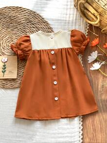 SHEIN Vintaside Kids 新款女婴蜜桃棕色花卉刺绣泡泡袖连衣裙，适合夏季派对、正式场合和日常穿着，传统阿拉伯风格 - 橘色 - 查看 3