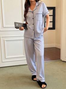 Napfluff Women's Casual Comfortable Short Sleeve Pants Solid Color Cardigan Pajama Set, Spring/Summer - Grey - View 2