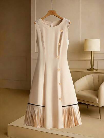 GlowEve CURVE 大码女式梭织常规早春优雅约会/通勤无袖圆领金属手工缝制纽扣荷叶边下摆杏色连衣裙