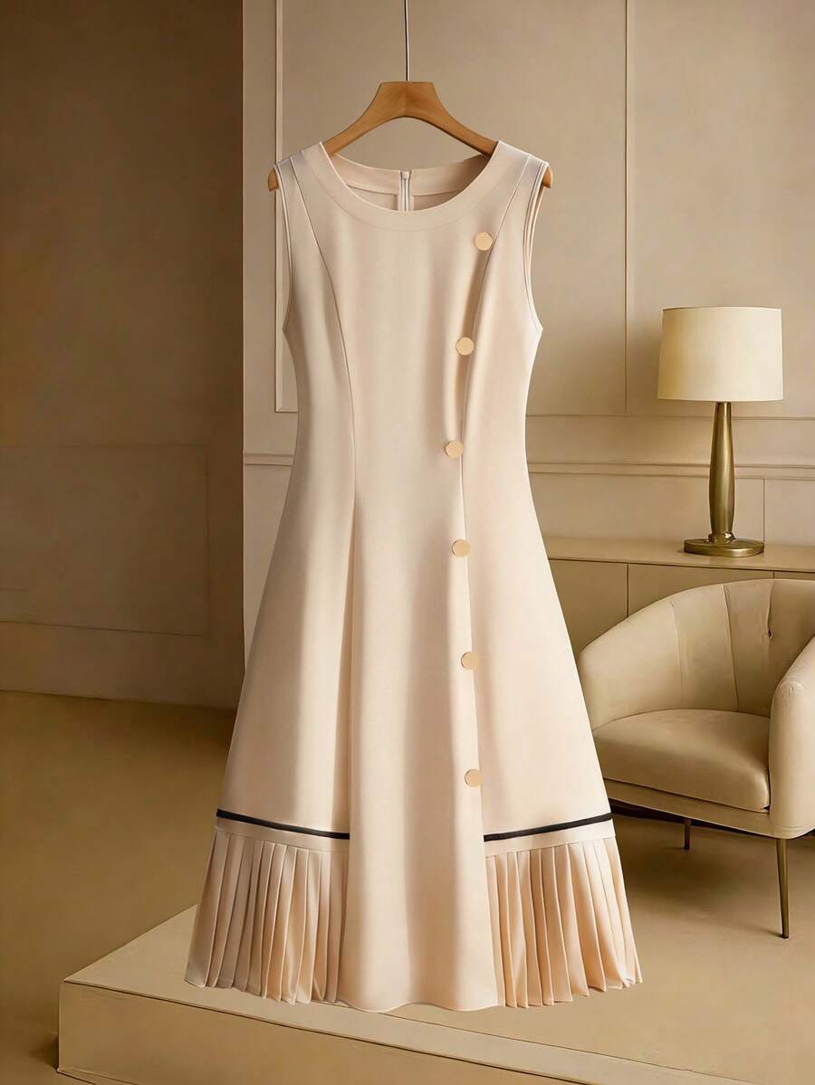 GlowEve CURVE 大码女式梭织常规早春优雅约会/通勤无袖圆领金属手工缝制纽扣荷叶边下摆杏色连衣裙 - 杏色 - 查看 1