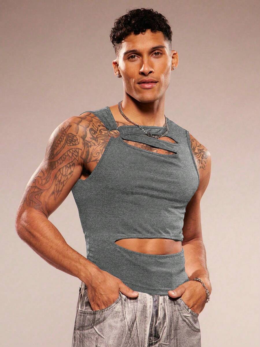 FeverCity Men's Sleeveless Crew Neck Hollow Out Casual Knit Tank Top, Spring/Summer - Light Grey - View 1