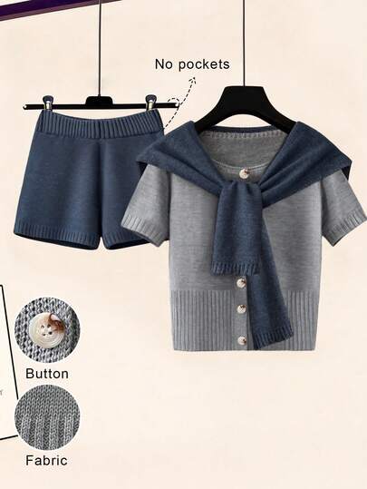 Franclia Women's Casual Everyday Lightweight Cardigan With Contrast Color Button And Elastic Waist Knit Shorts Set, Plus Size