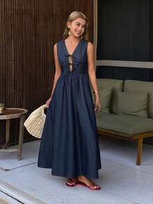 DAZY Women's V-Neck Sleeveless Tie-Up Butterfly Applique Casual Long Denim Dress Summer - Dark Wash - View 7
