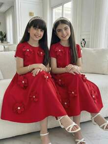 SHEIN Tween Girl Elegant Red Floral Summer Party Dress, Fashionable Round Neck Short Sleeve Red Dress With Flowers For Tween Girl, Party Wear Dress - Burgundy - View 6