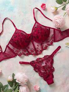 Ladies' Flowers Embroidery Mesh Bra & Panty Lingerie Set Bridallingerie - Red - View 3