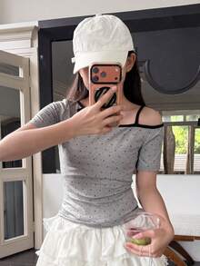 DAZY Áo thun ngắn tay in chấm bi, kiểu dáng bất đối xứng, dây buộc vai, dành cho bé gái tuổi teen, thích hợp cho mùa thu. - Xám - Xem 1