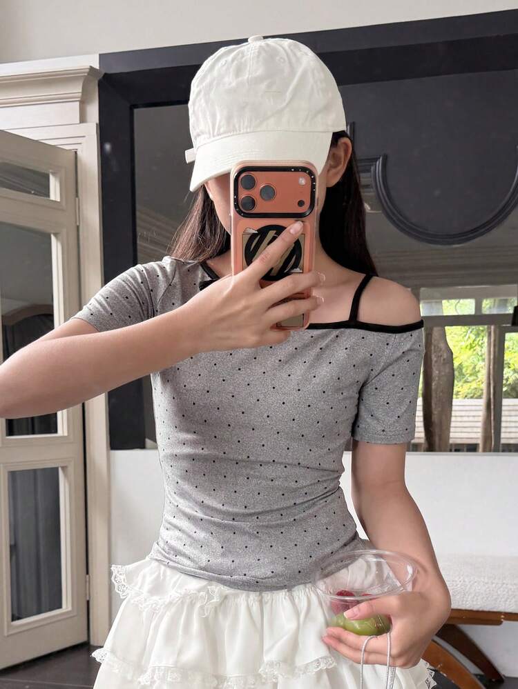 Tween Tween Girls Polka Dot Print Asymmetrical Shoulder Tie Strap Short Sleeve T-Shirt, Fall