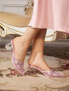 CUCCOO TILAWA Zapatos de mujer con cristales y decoración de cristales de imitación, zapatos de tacón alto puntiagudos, adecuados para salir, banquetes, fiestas y otras actividades - Rosa vieja - Ver 3