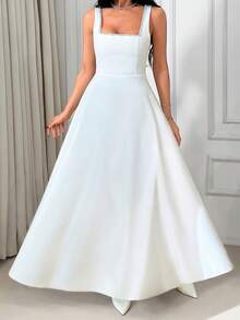 SHEIN Abito lungo da donna bianco con decorazioni in perle - Senza maniche, collo quadrato, vestibilità aderente e ampia, abito elegante da cerimonia serale - Bianco - Visualizzare 1