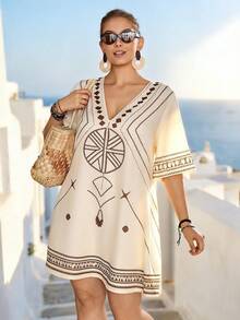 Linhara CURVE Vestido de vacaciones de manga corta con cuello en V y estampado geométrico para mujer de talla grande - Albaricoque - Ver 3