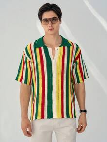 Manfinity Homme Men's Summer Yellow Boho Vacation Colorblock Striped Pattern Polo Collar Short Sleeve Crochet Knit Top,Casual Front Button Resort Wear Striped Shirt - Multicolor - View 4