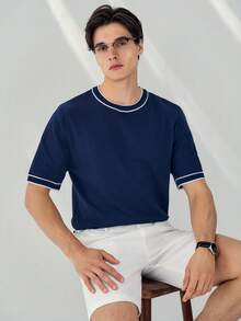 RONVEXI 男士撞色滚边圆领休闲短袖针织上衣 - 寶藍色 - 查看 6