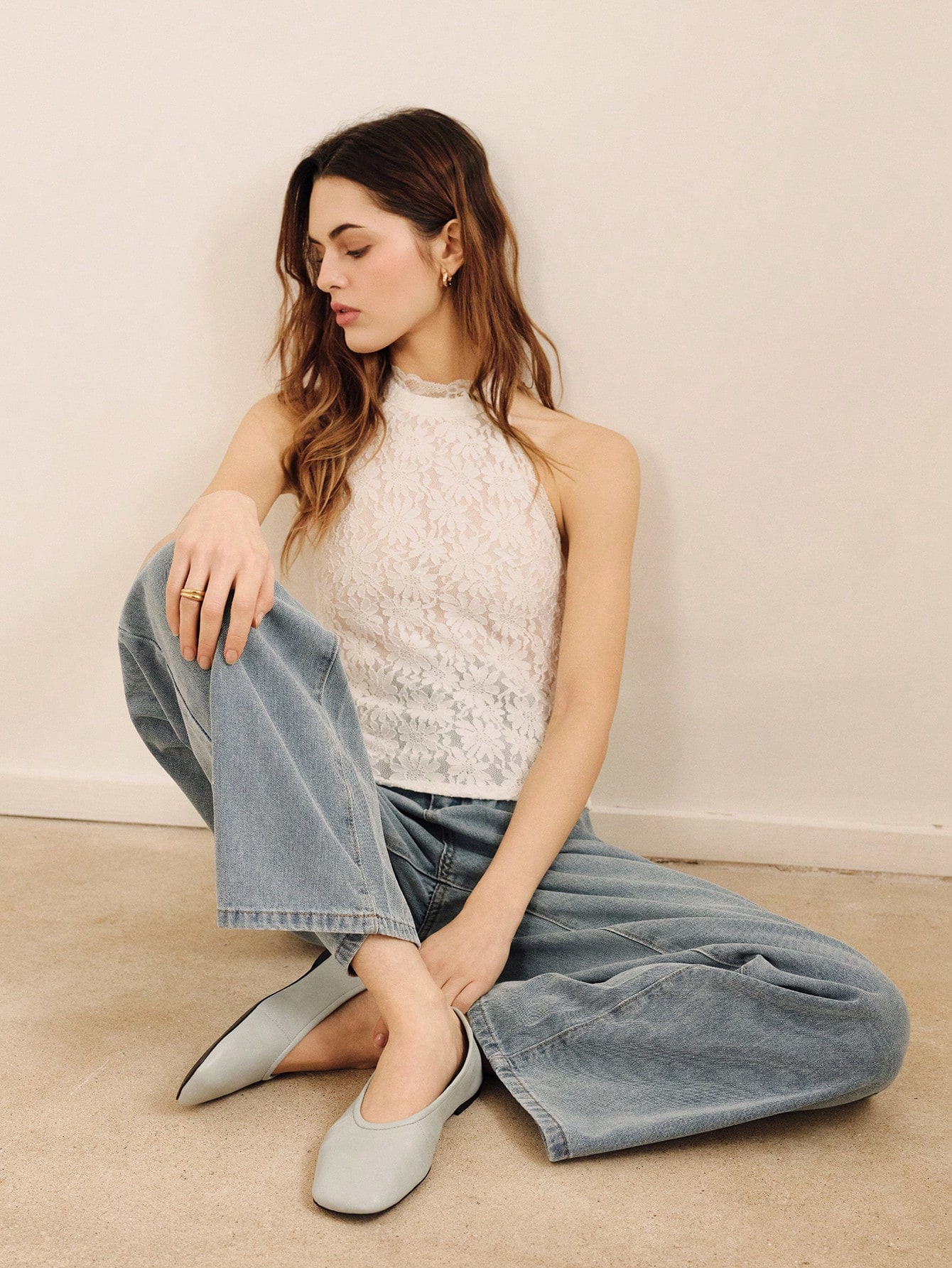 Cream And Blue Lace High Neck Sleeveless Top Romantic Vintage Elegant Lace Top Spring Summer Vacation French Style Parisian Style Holiday Top Going Out