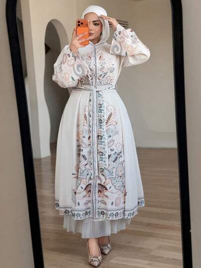 Dazy Plus Plus Size Women Elegant Floral Retro Print Flare Sleeve Belted Maxi Party Dress, Spring/Summer Sundress