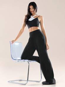 GLOWMODE SoftSerene 莫代尔面料，柔滑丝滑，透气舒适，宽松版型，高腰设计，侧边口袋，高腰阔腿休闲裤，日常休闲穿着 - 黑色 - 查看 6