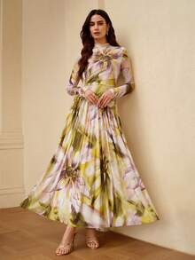 ZEYLAH Elegant Knit Mesh Printed Ruched Fitted Dress, Spring/Summer - Light Yellow - View 6