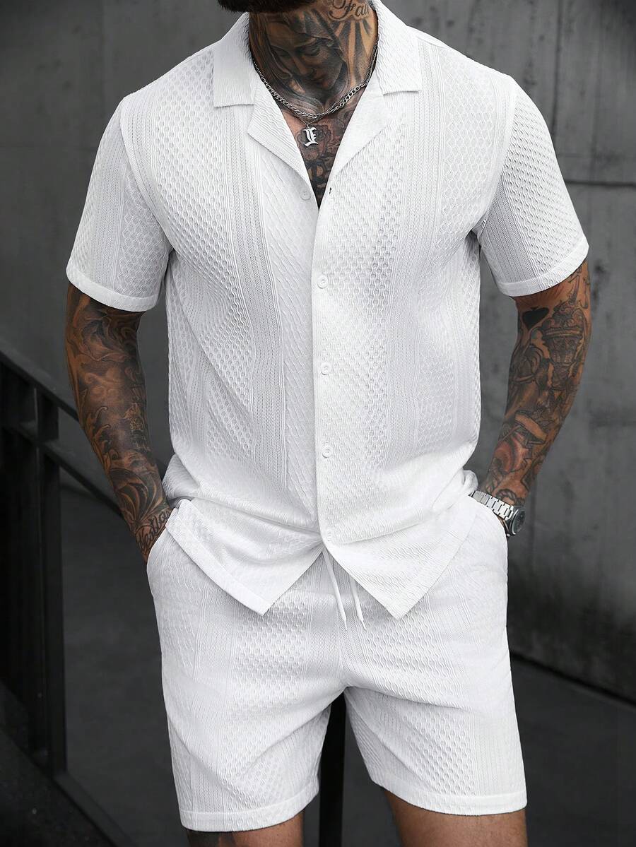 SLATEMANN 男士纯色提花短袖衬衫短裤套装 男士白色短袖套装 男士两件套休闲短裤套装 男士两件套服装 白色男士套装 男士白色两件套短裤套装 男士套装 男士白色短裤套装 男士两件套夏季休闲短裤套装 男士白色两件套短裤套装