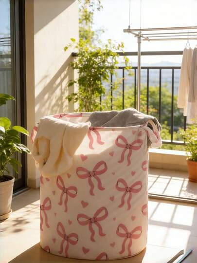 1pc Foldable Round Storage Basket With Handles, Large Capacity, Butterfly Print Design, Multi-Purpose For Bathroom, Bedroom, Laundry, Toys, Clothing Storage