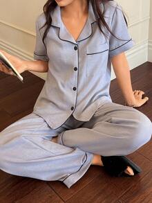Napfluff Women's Casual Comfortable Short Sleeve Pants Solid Color Cardigan Pajama Set, Spring/Summer - Grey - View 4