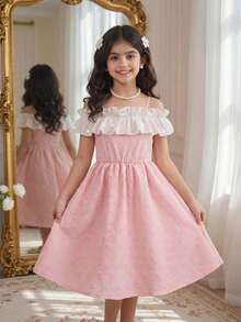 SHEIN Elladie kids 1pc Tween Girl Casual Chiffon Off-Shoulder Ruffle Beaded Design Adjustable Dress, Simple Elegant Princess Dress For Outings And Vacation, Pink - Pink - View 3