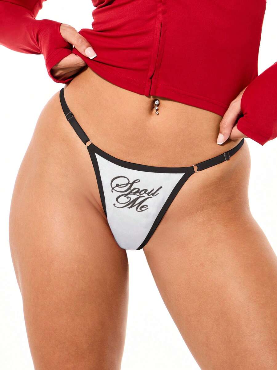 SUMWON WOMEN Satin Embroidered Letter Thong Underwear Intimates Valentine's Day Lingerie Gift - White - View 1