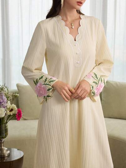 Al Najma Romantic Embroidered Elegant Chiffon Sleeve Maxi Dress, Turkish & Arabic Traditional Long Robe