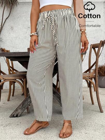 SHEIN VCAY Plus Size Women Loose Casual Striped Pants With Tie Waist And Frill Trim