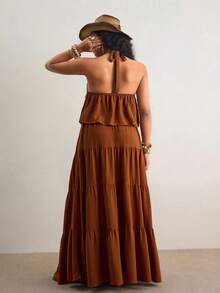 Freevana 大码女式夏季性感沙滩度假亮片拼接露背吊带上衣和层叠裙摆半身裙两件套 - 咖啡棕 - 查看 2