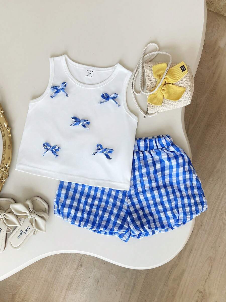 SHEIN 2pcs/Set Young Girl's Cute 3D Bow Camisole Top And Pink Plaid Shorts, Fresh Summer Vacation, Beach, Outing - Multicolor - View 1