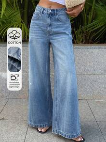 DAZY Women's Regular Waist Loose Straight Leg Casual Jeans - Medium Wash - View 1