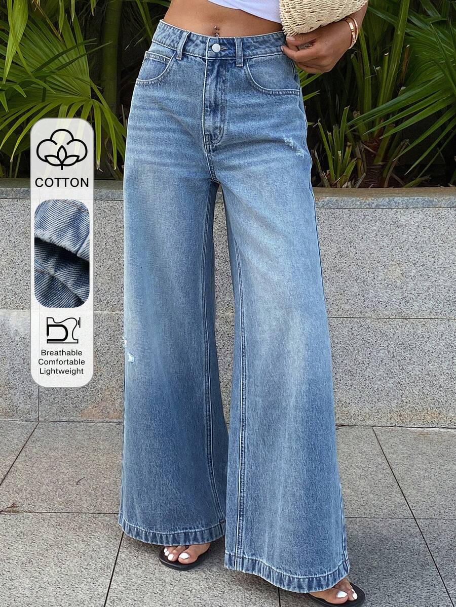 DAZY Women's Regular Waist Loose Straight Leg Casual Jeans - Medium Wash - View 1