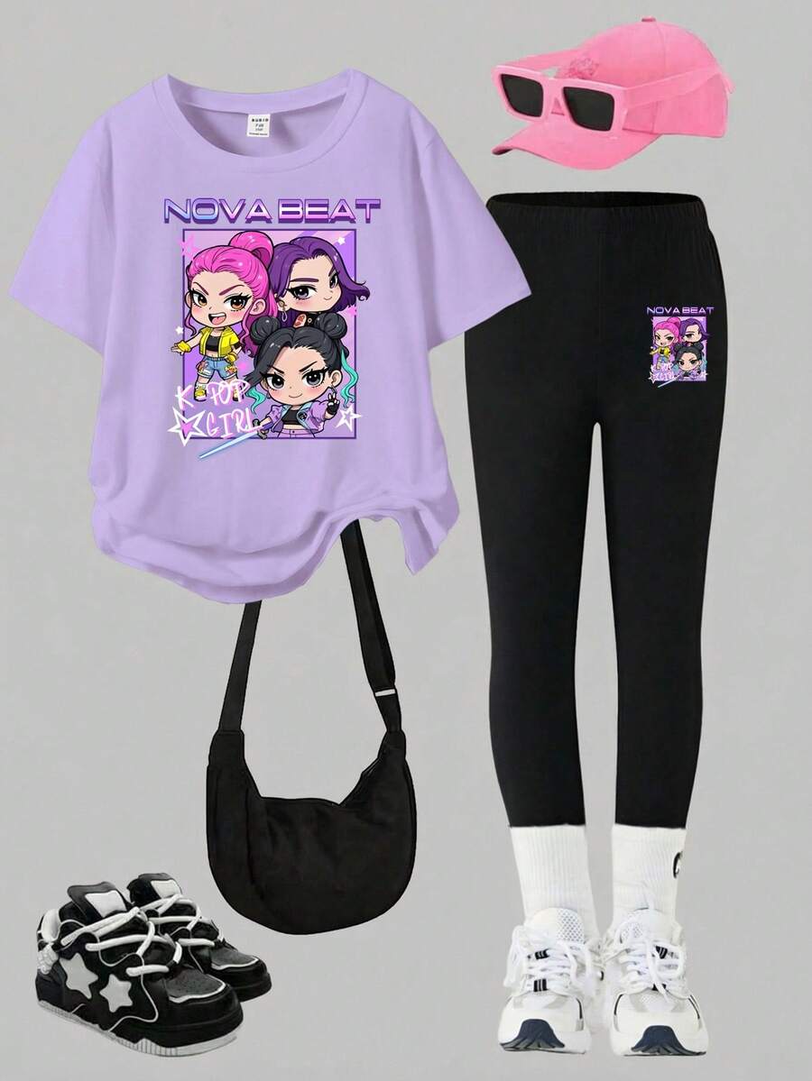 Set de 2 piezas con parte superior estampada de KPOP y conjunto de sudadera de cuello redondo y leggings para niña preadolescente, moda casual, apto para otoño/invierno - Multicolor - Ver 1