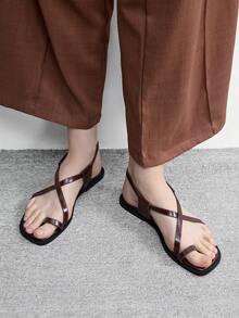 CUCCOO BIZCHIC 女士休闲时尚通勤及度假风编织露趾交叉凉鞋 - 咖啡 - 查看 5