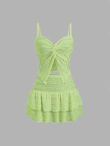 Sweetra French Sweet Ruffle Strap Twist Top & Layered Ruffle Hem A-Line Mini Skirt 2 Pieces Set, Spring/Summer For Women - Green - View 6