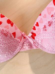 1pc Sweet Pink Contrast Lace Women's Bra - Pink - View 4