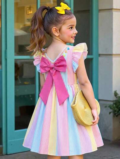Spring/Summer Tween Girls' Vacayshion Sweet Cute Elegant Big Ruffle Sleeve Vacation Style Colorful Printed Fabric Colorful Tassel V-Neck Patchwork Contrast Color Back Big Bow Decor Dress, Suitable For Vacation, Party, Daily, Wedding Season
