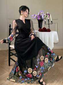 DAZY Women's V-Neck Cinched Waist Floral Embroidered Dress, Elegant Holiday Style Sundress - Black - View 6